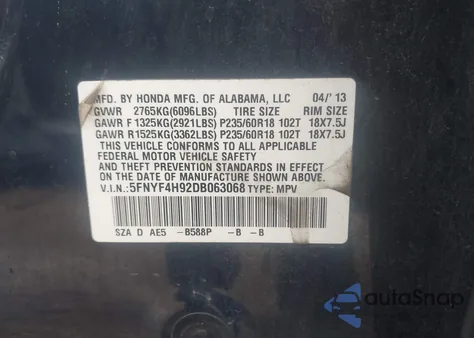 2013 Honda Pilot Touring из США, поврежденный, VIN 5FNYF4H92DB063068